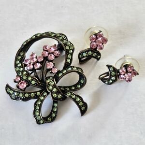 Set Of Brooch And Earrings Pink and Green Floral Brassy